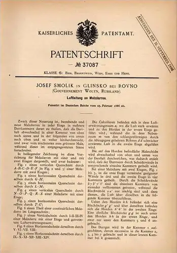 Original Patentschrift - J. Smolik in Glinsko b. Rovno ,1886, Malzdarre , Brauerei , Malz , Bier , Alkohol , Russland !!
