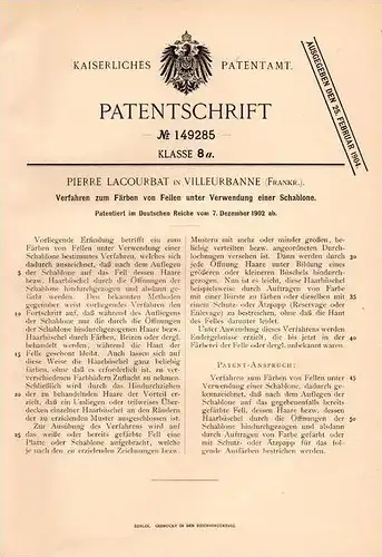 Original Patentschrift - P. Lacourbat in Villeurbanne , 1902 , Des fourrures, le vison , Nerz , Fell !!!