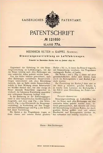 Original Patentschrift - Heinrich Suter in Ebnat - Kappel ,1899, Steuerung für Luftfahrzeuge , Flugzeug , Luftschiff !!!