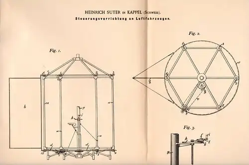 Original Patentschrift - Heinrich Suter in Ebnat - Kappel ,1899, Steuerung für Luftfahrzeuge , Flugzeug , Luftschiff !!!