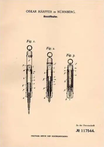 Original Patentschrift - Oskar Härpfer in Nürnberg , 1899 , Halter für Bleistift , Faber , Pelikan !!!