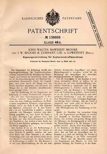 Original Patentschrift - J.W. Brooke in Lowestoft , England , 1902 , Regelung für Motoren , Explosionskraftmaschinen !!!