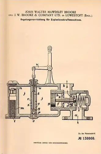 Original Patentschrift - J.W. Brooke in Lowestoft , England , 1902 , Regelung für Motoren , Explosionskraftmaschinen !!!