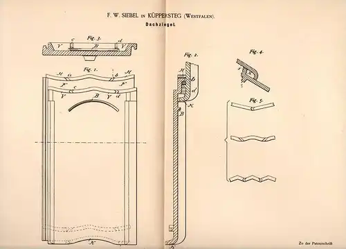 Original Patentschrift - F. Siebel in Küppersteg , Westfalen ,1888, Dachziegel , Ziegel , Dachdecker , Leverkusen , Köln