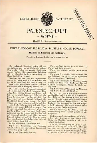 Original Patentschrift - J. Tussaud in Salisbury House , London , 1887 , Pelz - Maschine , Pelze !!!