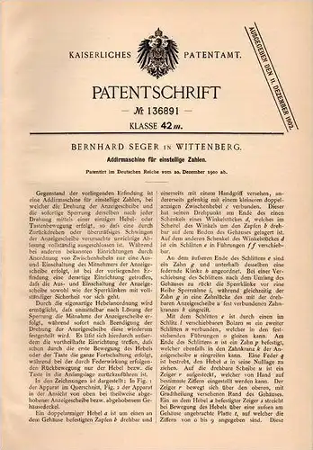 Original Patentschrift - Bernhard Seger in Wittenberg , 1900 , Addirmaschine , Rechenmaschine , Mathematik , Schule !!!
