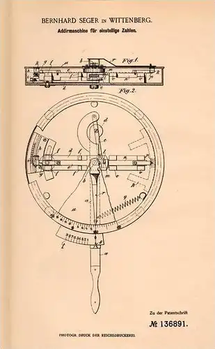 Original Patentschrift - Bernhard Seger in Wittenberg , 1900 , Addirmaschine , Rechenmaschine , Mathematik , Schule !!!