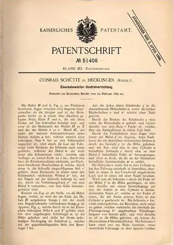 Original Patentschrift - C. Schütte in Hecklingen , Anhalt , 1889 , Eisenbahnwärter - Kontrollapparat , Eisenbahn !!!