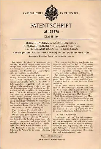 Original Patentschrift - R. Svestka in Nürschan / Nyrany und B. Holzner in Villach , 1901 , Schwingrätter mit Sieb !!!