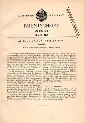 Original Patentschrift - Alfredo Balada in Biella , Italia , 1900 , Felting di peli e fibre vegetali !!!