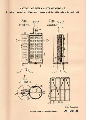 Original Patentschrift - M. Janka in Strassburg i.E., 1901 , Trompete mit Notenblatt , Tuba , Posaune , Blasorchester !