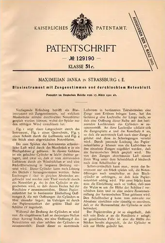 Original Patentschrift - M. Janka in Strassburg i.E., 1901 , Trompete mit Notenblatt , Tuba , Posaune , Blasorchester !