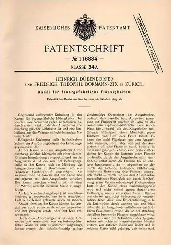 Original Patentschrift -H. Dübendorfer und F. Bormann-Zix in Zürich ,1899, Kanne für gefährliche Flüssigkeiten, Kanister