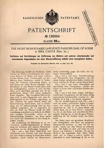 Original Patentschrift - Parsons Earl of Rosse in Birr Castle , Irland , 1901 , Beseitigung von Blättern aus Wasser !!!