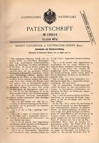 Original Patentschrift - E. Catchpool in Cottington Court , England , 1902 , Gelenkkette mit Schutz , Kette , Automobil