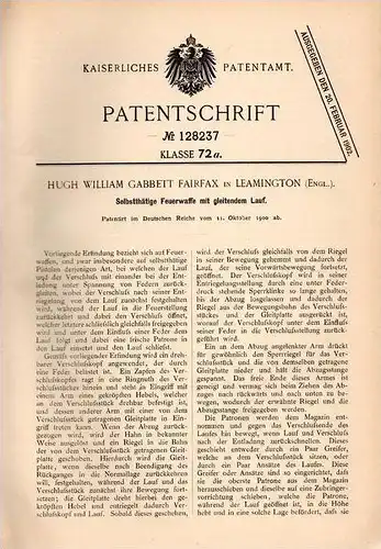 Original Patentschrift - Hugh Fairfax in Leamington , England , 1900 , Pistole mit gleitendem Lauf , Pistol !!!