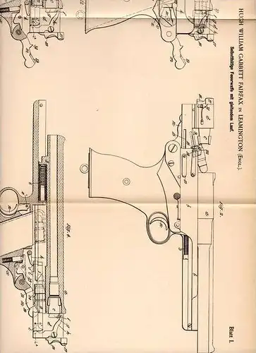 Original Patentschrift - Hugh Fairfax in Leamington , England , 1900 , Pistole mit gleitendem Lauf , Pistol !!!