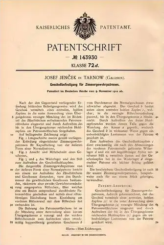 Original Patentschrift - J. Jencek in Tarnow , Galizien , 1902 , Befestigung für Gewehrpatronen , Gewehr , Munition !!!