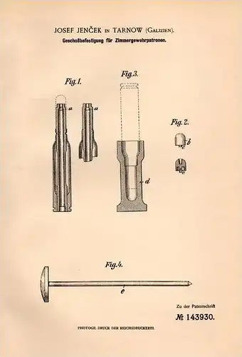 Original Patentschrift - J. Jencek in Tarnow , Galizien , 1902 , Befestigung für Gewehrpatronen , Gewehr , Munition !!!