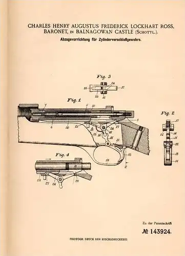 Original Patentschrift - Ch.H. Ross , Baronet in Balnagown Castle , 1902 , Rifle, weapon, hunting, hunter , Kildary