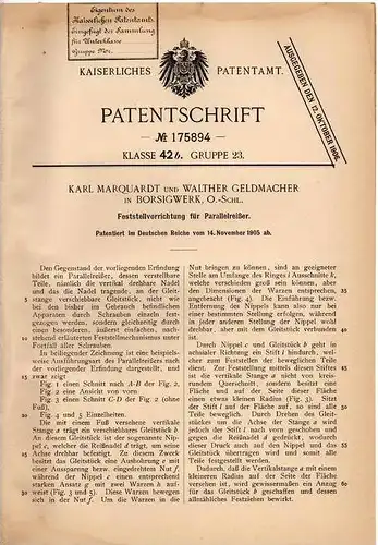 Original Patentschrift - W. Geldmacher in Borsigwerk / Zabrze , Oberschlesien , 1905 , Parallelreißer , Feststeller !!!