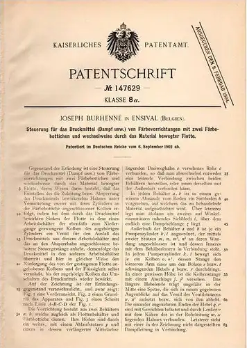 Original Patentschrift - Joseph Burhenne in Ensival b. Verviers , 1902 , Steuerung für Färbeapparat , Färberei !!!