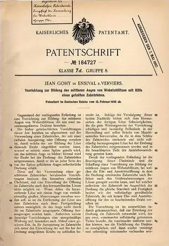 Original Patentschrift - Jean Gohy in Ensival b. Verviers , 1905 , Vorrichtung für Webstuhl , Weberei !!!