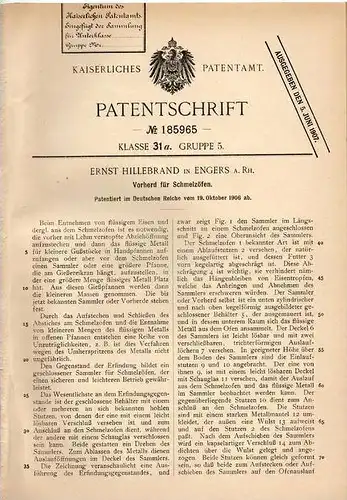 Original Patentschrift - E. Hillebrand in Engers a. Rh., 1906 , Vorherd für Schmelzofen , Gießerei , Neuwied !!!