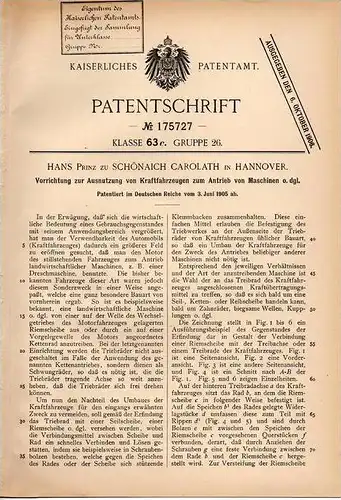 Original Patentschrift - Hans Prinz zu Schönaich Carolath in Hannover , 1905 , Antrieb für Automobile !!!