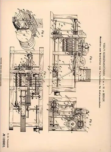 Original Patentschrift - VESUV - Kohlenanzünder GmbH in Berlin , 1899 , Maschine für Kohlenanzünder aus Torf !!!