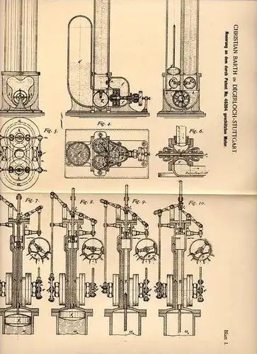 Original Patentschrift - Ch. Barth in Degerloch - Stuttgart , 1888 , Patentgeschützter Motor !!!