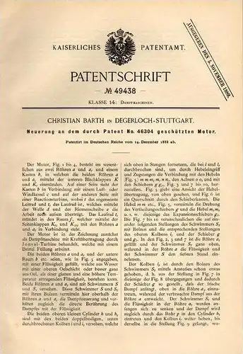 Original Patentschrift - Ch. Barth in Degerloch - Stuttgart , 1888 , Patentgeschützter Motor !!!