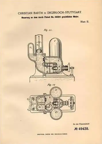 Original Patentschrift - Ch. Barth in Degerloch - Stuttgart , 1888 , Patentgeschützter Motor !!!