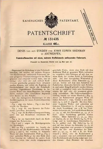 Original Patentschrift - D. van den Eynden in Antwerpen , 1901 , Federkraftmaschine !!!