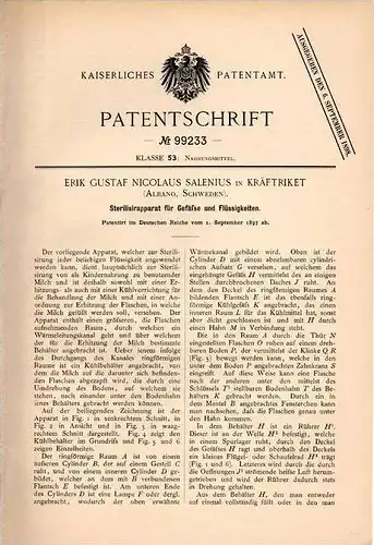 Original Patentschrift - E. Salenius in Kräftriket , Albano , Schweden , 1897 , Sterilisierapparat  Norra Djurgarden !!!