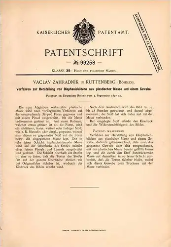 Original Patentschrift - V. Zahradnik in Kuttenberg i. Böhmen , 1897 , Herstellung von Diaphaniebildern , Kutná Hora !!!