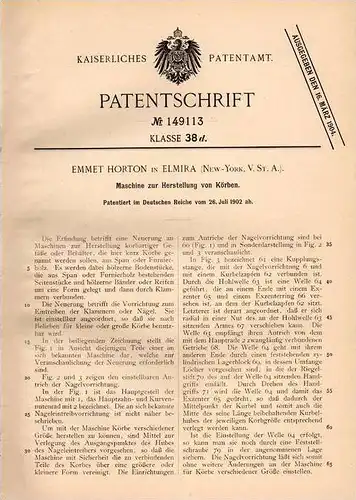 Original Patentschrift - Emmet Horton in Elmira , New-York , USA , 1902 , Maschine für Körbe , Korb !!!