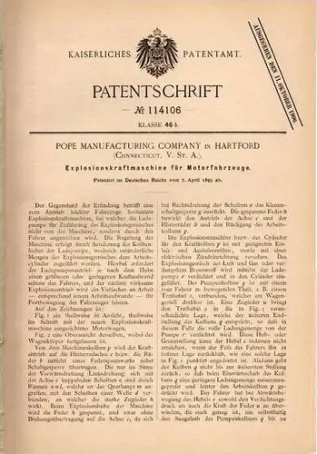 Original Patentschrift - Pope Manufacturing Comp. in Hartford , USA , 1899 , Motor für Automobile , Motorfahrzeuge !!!