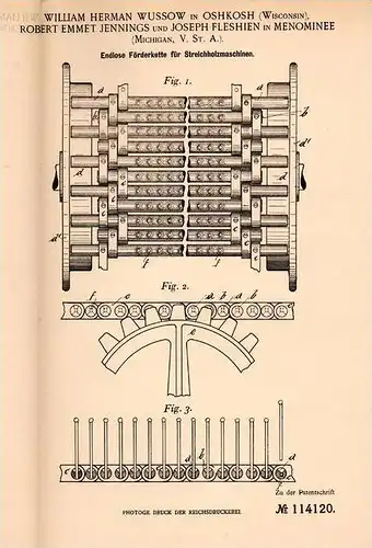 Original Patentschrift - W. Wussow in Oshkosh und Menominee , USA , 1899 , Streichholz - Maschine , Streichhölzer !!!