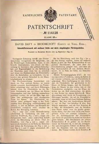 Original Patentschrift - D. Davy in Broomcroft , York , England , 1899 , Förderwerk für Schacht , Bergwerk , Bergbau !!!