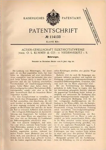 Original Patentschrift - O.L. Kummer & Co in Niedersedlitz i.S. 1899 , Motorwagen , Automobile !!!