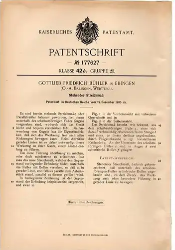 Original Patentschrift - G. Bühler in Ebingen O.-A. Balingen , Württbg. , 1905 , stehendes Streichmaß , Albstadt !!!