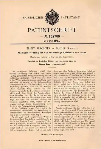 Original Patentschrift - E. Wachter in Buchs , Schweiz , 1902 , Anzeige für Uhren , Uhr , Uhrmacher !!!