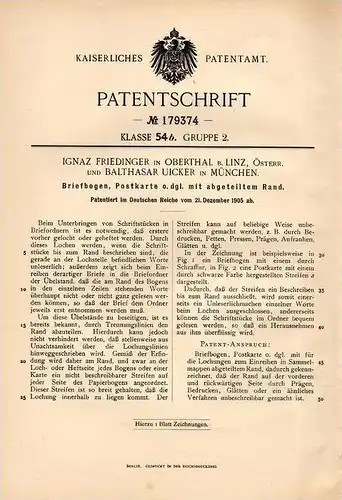 Original Patentschrift - I. Friedinger in Oberthal b. Linz , 1905 , Postkarte , Briefbogen mit abgeteiltem Rand !!!