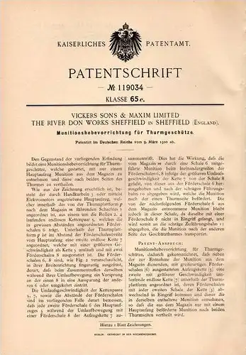 Original Patentschrift - Vickers Sons & Maxim Ltd. in Sheffield ,1900 , Munitionsheber für Geschütze , Panzer
