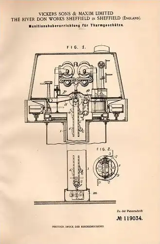 Original Patentschrift - Vickers Sons & Maxim Ltd. in Sheffield ,1900 , Munitionsheber für Geschütze , Panzer