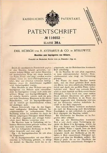 Original Patentschrift - R. Avenarius & Co in Myslowitz , 1899 , Maschine zum Holz - Imprägnieren , Tischlerei !!!