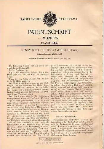 Original Patentschrift - H. Curtis in Everleigh , Essex , 1901 , verstellbarer Kinderstuhl , Stuhl !!!