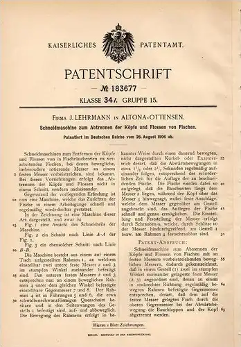 Original Patentschrift - Schneidmaschine für Köpfe und Flossen von Fisch ,1906 ,J. Lehmann in Altona - Ottensen , Fische