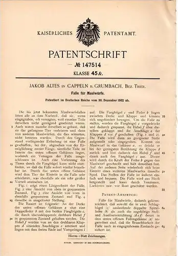 Original Patentschrift - J. Altes in Kappeln b. Grumbach , 1902 , Falle für Maulwurf , Tierfalle , Lauterecken-Wolfstein